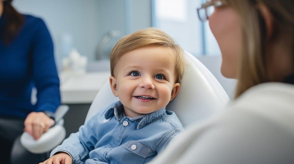 Mały chłopiec uśmiecha się szeroko podczas adaptacyjnej wizyty u dentysty, siedząc na fotelu w towarzystwie dentystki.