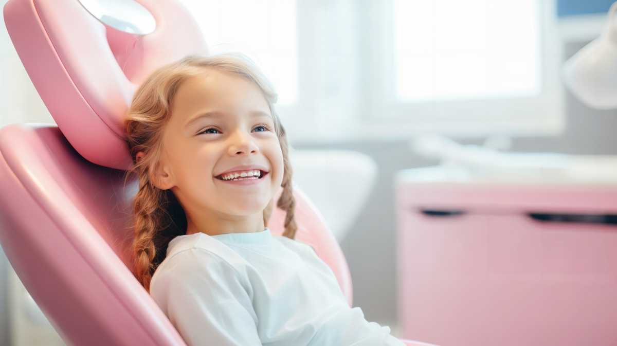 Uśmiechnięte dziecko siedzi na fotelu dentystycznym, co pokazuje inwestowanie w zdrowie zębów dziecięcych.